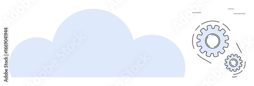Cloud icon paired with interlocking gears conveys ideas of cloud computing, system integration, automation, data management, digital transformation, innovation, technology optimization. A simple flat