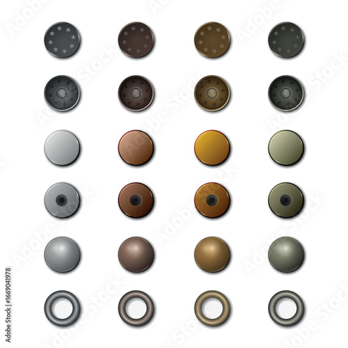 Metal Rivets and Eyelets Vector Set. Realistic Sewing Rivet Illustration. Fashion Eyelet Icon, Clothing Hardware Design Templates. Metallic Rivets Clipart, Garment Accessories Collection, Sewing Tools