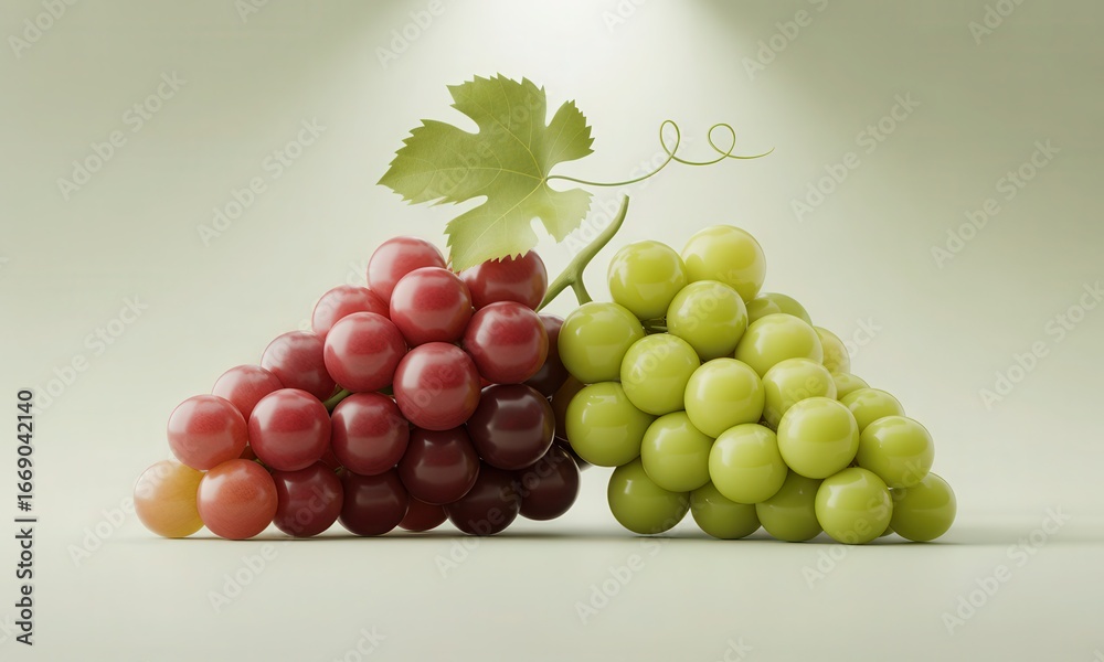 Fototapeta premium Two clusters of grapes, one red and one green, sit side-by-side on a neutral background, lit from above. A single vine leaf rests atop the clusters. The grapes are plump and appear very ripe