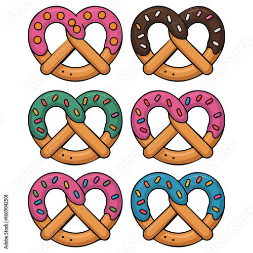 Delicious pretzels with glaze sprinkles isolated vector illustration on white background