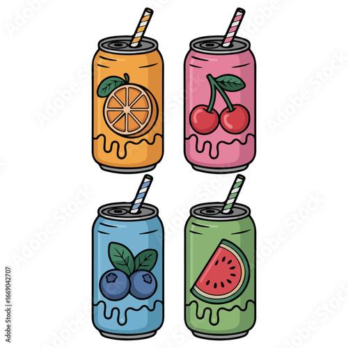 Set tasty fruit energy drinks straws cartoon style isolated vector illustration on white background