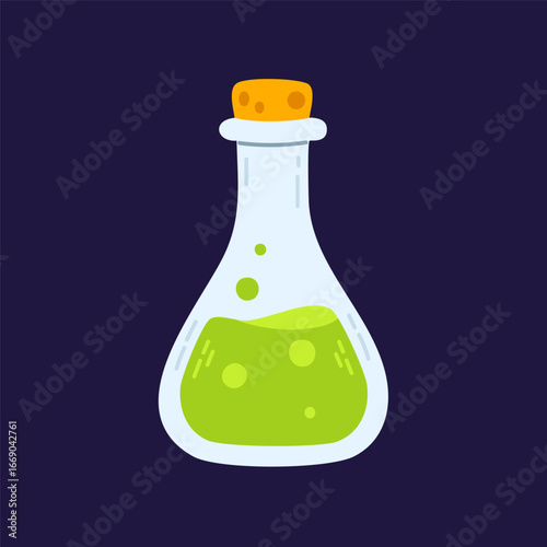 Tall potion bottle with green glowing liquid. Isolated fantasy illustration