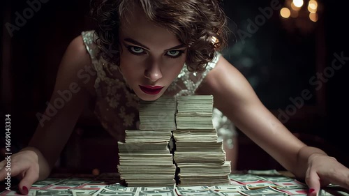 Woman in elegant attire poses confidently with stacks of money in a dimly lit room, emphasizing themes of wealth and allure
