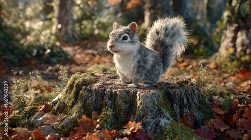 Adorable grey squirrel perched on a mossy tree stump in an autumnal forest setting