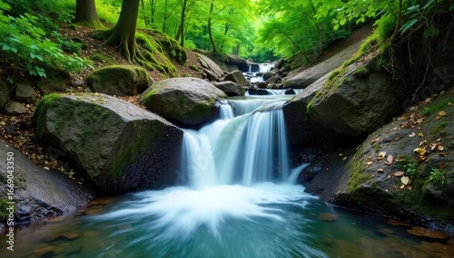 Serene cascading waterfall flowing into a rocky creek bed, lush green foliage surrounding the natural water feature Perfect for nature, travel, and environmental themes , creek, forest, wilderness