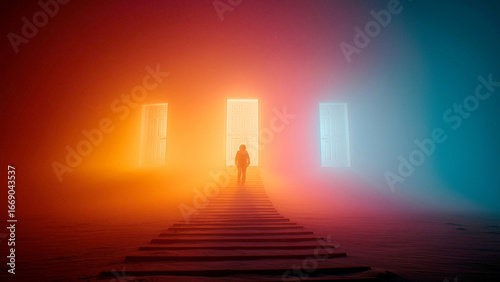 Three Glowing Wooden Doors at Life’s Crossroads Symbolizing Choice and Uncertainty	