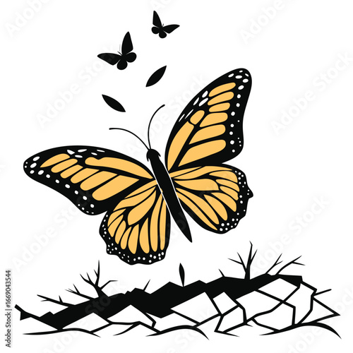 Butterfly wings glowing above shattered plain silhouette