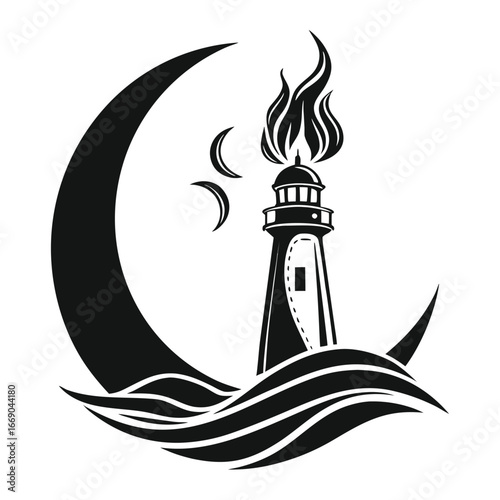 Moon shining across neon flame silhouette