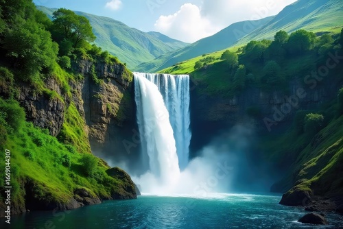 Serene cascading waterfall tumbles down lush green hills, creating a misty spray and a peaceful soundscape Perfect for travel, nature, and tranquility themed projects , mist, refreshing, relaxation