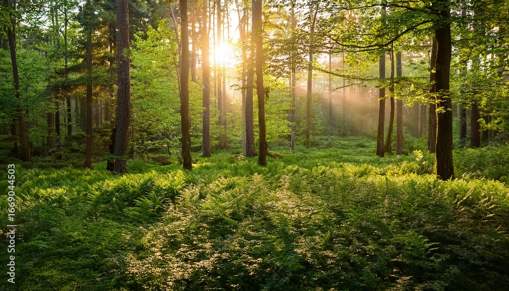 Fototapeta premium lush green foliage thrives in the early morning sunlight within a serene forest setting surrounded by soft grass