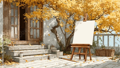Autumnal artist's studio exterior.  A blank canvas on an easel sits on a porch with wooden steps, beneath a canopy of golden autumn leaves