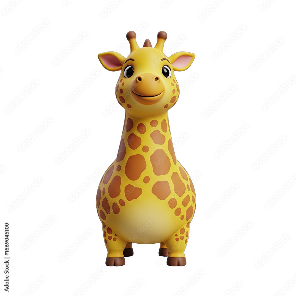 Fototapeta premium A cheerful, cartoon giraffe stands against a black background, showcasing a friendly expression and vibrant colors.