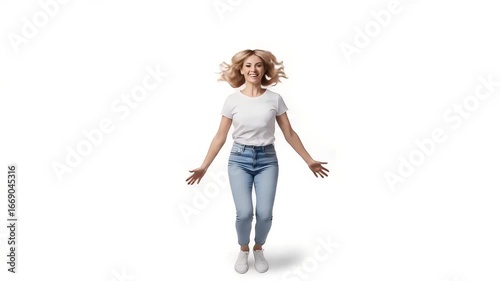 Joyful Leap in the Moment: Capture the unadulterated joy of a person mid-air, a burst of happiness, freedom and exubertance. The photo encapsulates a moment of pure glee and excitement.