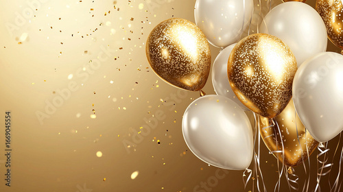 白とゴールドの風船と紙吹雪が舞う背景素材
