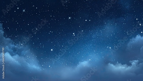 Fototapeta Naklejka Na Ścianę i Meble -  A serene night sky scene, showcasing a vast expanse of dark blue, speckled with countless stars of varying brightness, partially obscured by a layer of soft, low-lying clouds at the bottom
