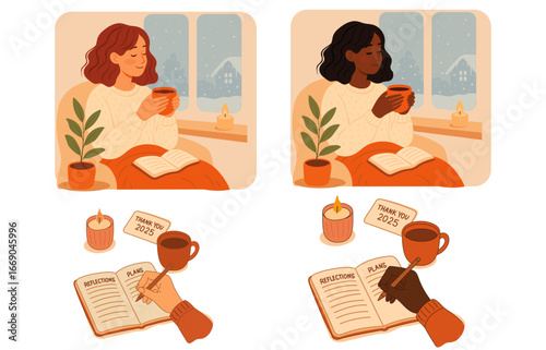 Collection of cozy lifestyle illustrations: women reading by the window with tea and journaling reflections for 2025. Includes diverse characters, candles, books, and warm seasonal details. Vector 