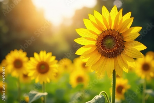 Tall sunflowers in a vibrant summer garden, bathed in golden sunlight The petals are a rich yellow, and the background is softly blurred, highlighting the flowers' beauty , macro, flowering plants
