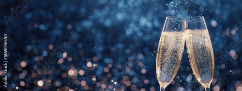 a festive banner featuring champagne glasses clinking against an abstract background of sparkling lights, creating a magical atmosphere for celebration and a new year's eve greeting card Generative AI