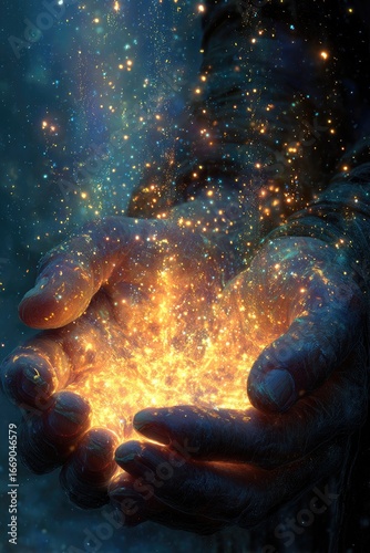 Hands holding glowing, sparkling light