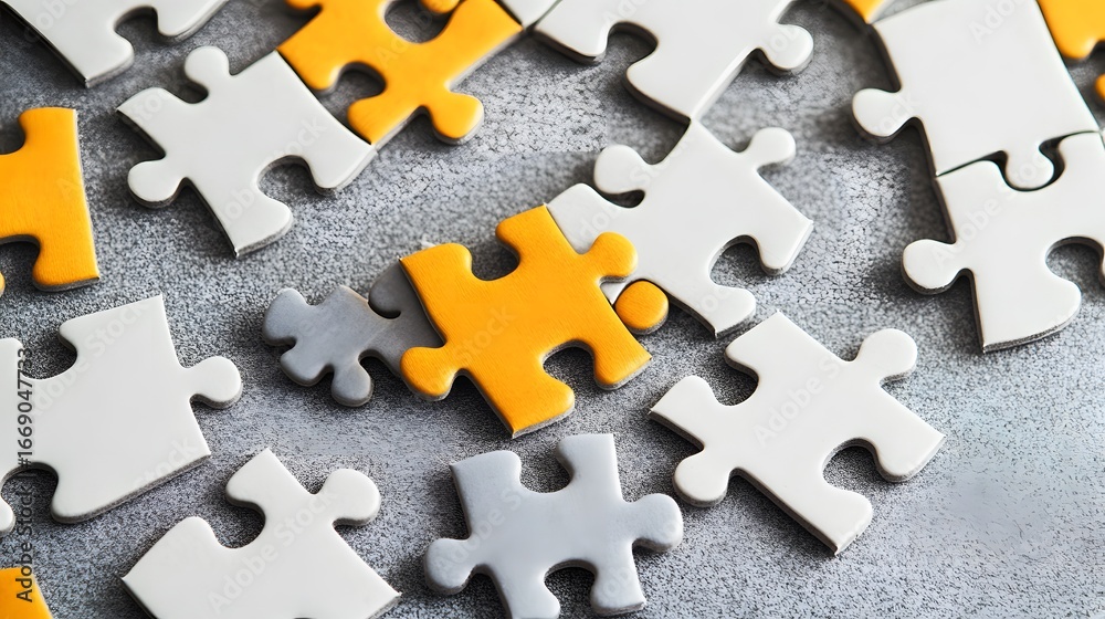 Obraz premium Grey and Yellow Puzzle Pieces Scattered on Gray Surface Close Up