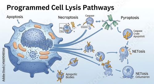 A detailed biological illustration showing the molecular processes of cell lysis apoptosis, necroptosis, pyroptosis, and NETosis