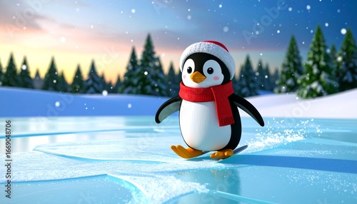 A 3D cartoon penguin with a red scarf and winter hat, sliding on shiny ice, snowflake 