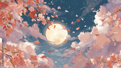Dreamy moonlit sky with pink cherry blossoms and softly painted clouds and petals