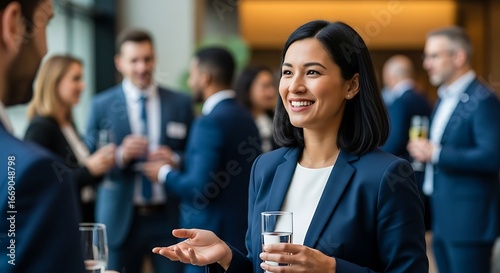 Smiling businesswoman networking at corporate event

