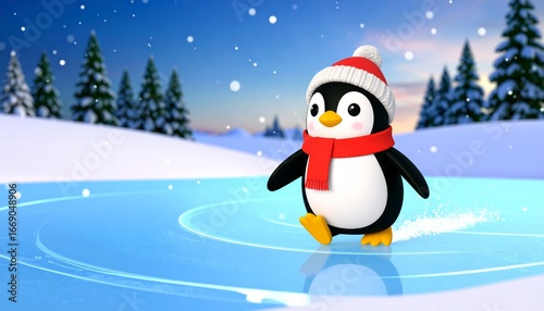 A 3D cartoon penguin with a red scarf and winter hat, sliding on shiny ice, snowflake 