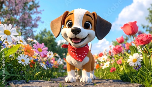 A 3D cartoon puppy with floppy ears and a wagging tail, wearing a red bandana