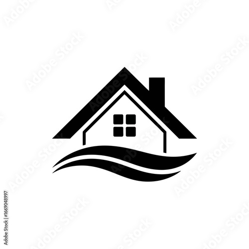 Vector art of house with waves underneath, representing real estate near water