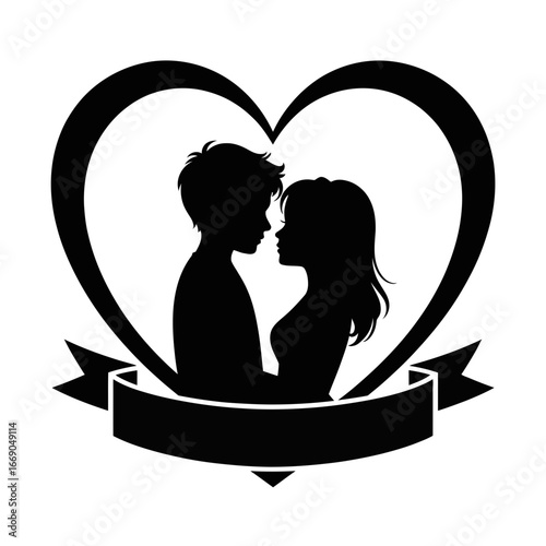 Vector art of silhouette of a loving couple inside a heart shape with a banner, symbolizing romance and affection