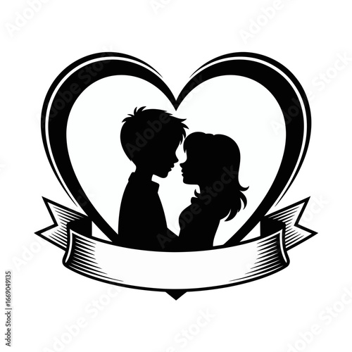 Vector art of silhouette of a couple in a heart, representing love, romance, and valentines day celebration