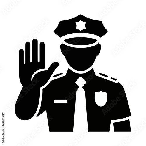 Vector art of police officer in uniform with hand up, representing law enforcement and public safety