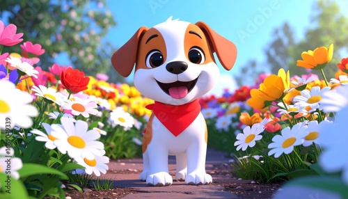 A 3D cartoon puppy with floppy ears and a wagging tail, wearing a red bandana