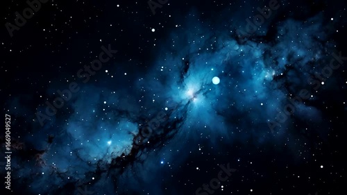 Flying through the blue space nebula and star clusters