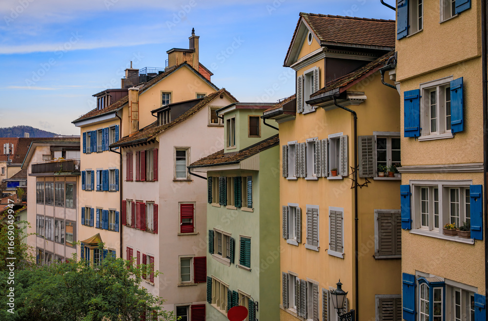 Fototapeta premium Historic old town street with traditional architecture in Zurich, Switzerland
