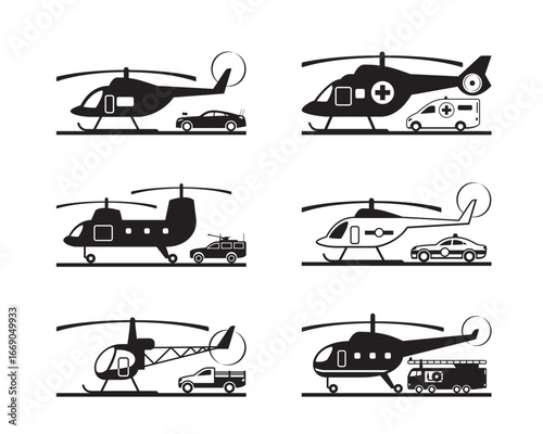 Special purpose helicopters and cars - vector illustration – vector illustration