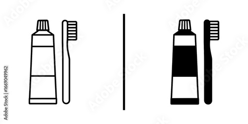 Toothbrush and Toothpaste Black and White Vector Icon Set

