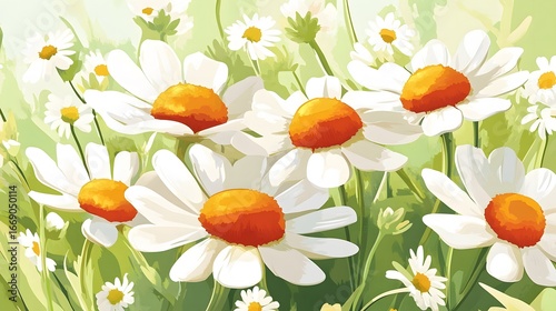 Vibrant White Daisies in Lush Green Meadow, Summer Floral Art