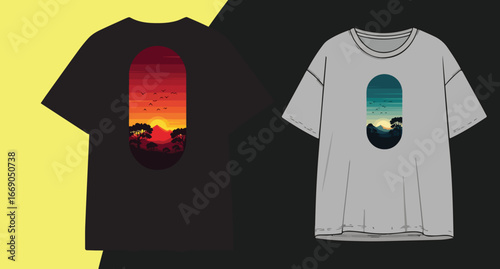 T-shirt mockup showcase features stunning sunset silhouette graphic design apparel fashion
