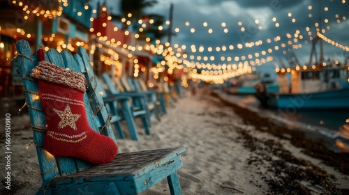 Holiday beach fun with red stocking AI