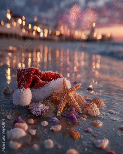 Festive hat and shells by the shore Generative AI