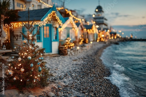 Seaside Christmas tree with lights AI