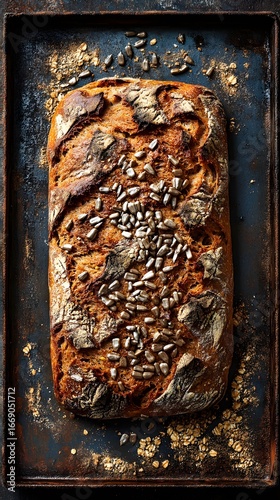 Artisan sourdough bread with sunflower seeds and oats on rustic tray