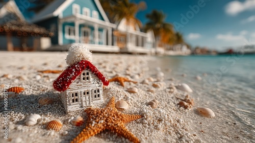 Santa hat rests on sandy shore Generative AI