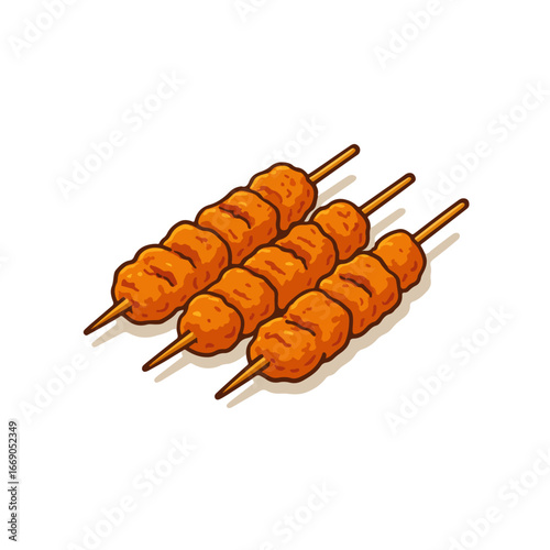 Grilled Chicken Satay with Bamboo Skewers Isolated on White Background