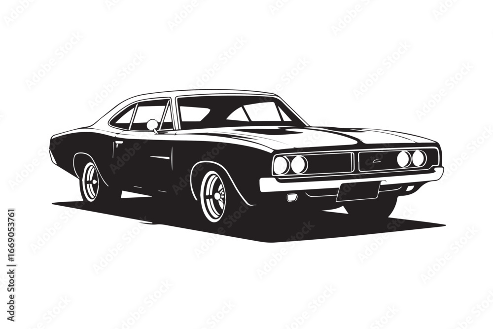 Obraz premium stylized monochrome classic muscle car vector art with aggressive front grille sleek bodylines