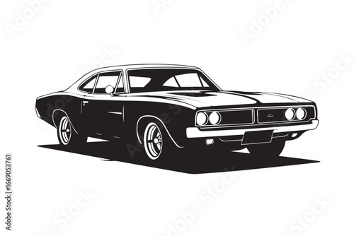 stylized monochrome classic muscle car vector art with aggressive front grille sleek bodylines