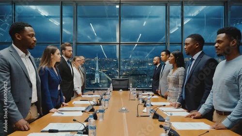 Two diverse corporate teams in a tense standoff across a conference room table overlooking a city at night